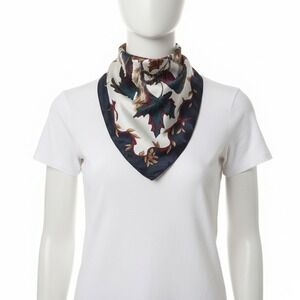 Air Canada Vintage Silk Square Scarf Navy Blue Maple Leaf Botanical Print